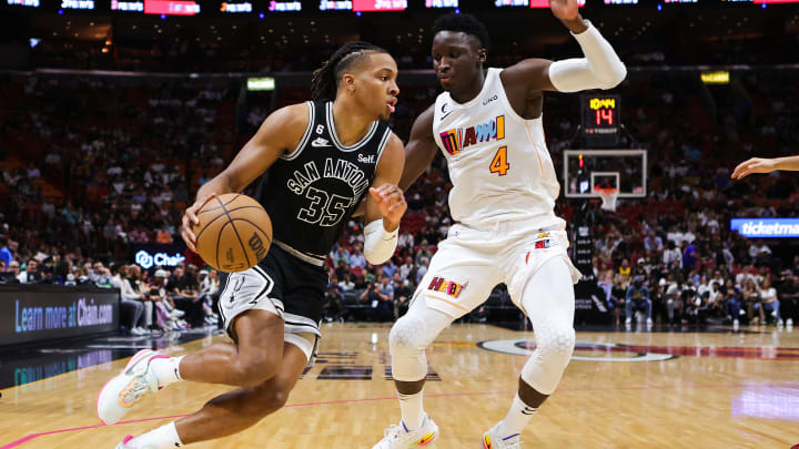 Romeo Langford, Victor Oladipo - San Antonio Spurs v Miami Heat