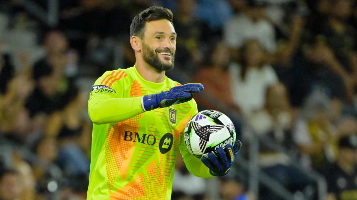 Aug 21, 2024; Los Angeles, California, USA; LAFC goalkeeper Hugo Lloris (1) reacts after a play against the Colorado Rapids during the second half in a Leagues Cup semifinal match at BMO Stadium. Mandatory Credit: Jayne Kamin-Oncea-USA TODAY Sports