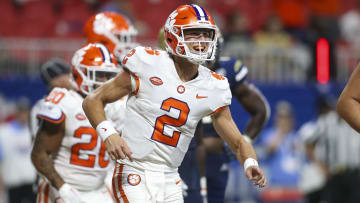 Sep 5, 2022; Atlanta, Georgia, USA; Clemson Tigers quarterback Cade Klubnik (2) celebrates after a touchdown throw against the Georgia Tech Yellow Jackets in the second half at Mercedes-Benz Stadium.