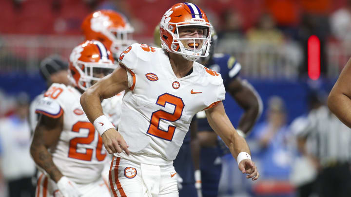 Sep 5, 2022; Atlanta, Georgia, USA; Clemson Tigers quarterback Cade Klubnik (2) celebrates after a touchdown throw against the Georgia Tech Yellow Jackets in the second half at Mercedes-Benz Stadium.