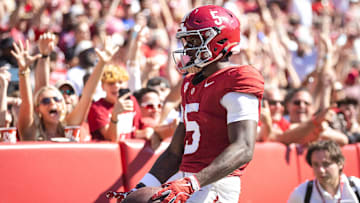 Oct 12, 2024; Tuscaloosa, Alabama, USA; Alabama Crimson Tide wide receiver Germie Bernard (5) scores a touchdown against the South Carolina Gamecocks during the fourth quarter at Bryant-Denny Stadium. Mandatory Credit: Will McLelland-Imagn Images