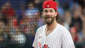 Jul 15, 2024; Arlington, TX, USA; National League first baseman Bryce Harper of the Philadelphia Phillies (3) reacts during the 2024 Home Run Derby at Globe Life Field. Mandatory Credit: Kevin Jairaj-USA TODAY Sports