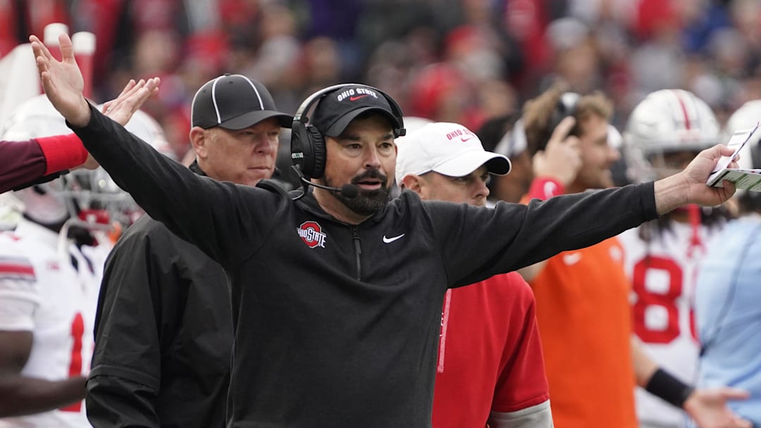 Nov 16, 2024; Chicago, Illinois, USA; Ohio State Buckeyes head coach Ryan Day gestures to the officials against the Northwestern Wildcats during the second half at Wrigley Field. Mandatory Credit: David Banks-Imagn Images