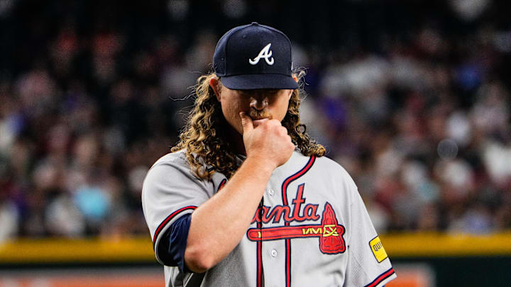 Apr 3, 2026; Phoenix, Arizona, USA; Atlanta Braves pitcher Grant Holmes (66) walks to the dugout during the first inning of the game against the Atlanta Braves at Chase Field. Mandatory Credit: Arianna Grainey-Imagn Images