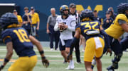 West Virginia University quarterback Garrett Greene drops back to pass during the 2024 Gold-Blue Spring Game.