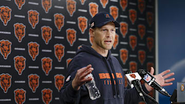 May 9, 2025; Lake Forest, IL, USA; Chicago Bears head coach Ben Johnson (R) speaks during the Rookie Minicamp at Halas Hall. Mandatory Credit: Kamil Krzaczynski-Imagn Images