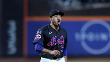 Sep 6, 2024; New York City, New York, USA; New York Mets relief pitcher Edwin Diaz (39) reacts during the ninth inning against the Cincinnati Reds at Citi Field. Mandatory Credit: Brad Penner-Imagn Images