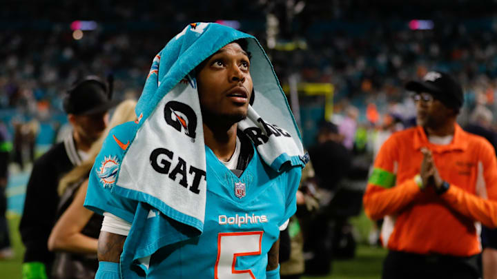 Dec 11, 2023; Miami Gardens, Florida, USA; Miami Dolphins cornerback Jalen Ramsey (5) looks on as he walks toward the locker room against the Tennessee Titans during halftime at Hard Rock Stadium. Mandatory Credit: Sam Navarro-Imagn Images