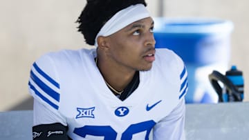 Nov 23, 2024; Tempe, Arizona, USA; Brigham Young Cougars cornerback Jayden Dunlap (29) against the Arizona State Sun Devils at Mountain America Stadium. Mandatory Credit: Mark J. Rebilas-Imagn Images