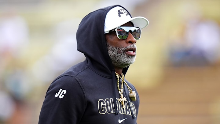 Aug 29, 2024; Boulder, Colorado, USA; Colorado Buffaloes head coach Deion Sanders before the game against the North Dakota State Bison at Folsom Field. Mandatory Credit: Ron Chenoy-Imagn Images