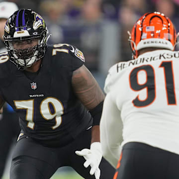 Oct 9, 2022; Baltimore, Maryland, USA; Baltimore Ravens tackle Ronnie Stanley (79) blocks Cincinnati Bengals defensive end Trey Hendricksen (91 in the first quarter at M&T Bank Stadium. Mandatory Credit: Mitch Stringer-Imagn Images