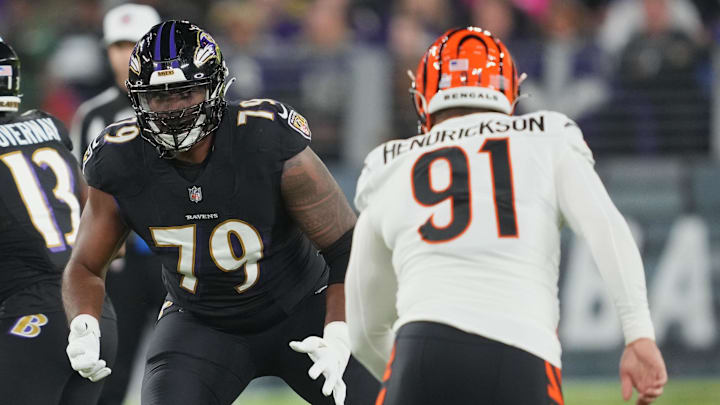 Oct 9, 2022; Baltimore, Maryland, USA; Baltimore Ravens tackle Ronnie Stanley (79) blocks Cincinnati Bengals defensive end Trey Hendricksen (91 in the first quarter at M&T Bank Stadium. Mandatory Credit: Mitch Stringer-Imagn Images