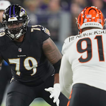 Oct 9, 2022; Baltimore, Maryland, USA; Baltimore Ravens offensive tackle Ronnie Stanley (79) blocks Cincinnati Bengals defensive end Trey Hendrickson (91 in the first quarter at M&T Bank Stadium. Mandatory Credit: Mitch Stringer-Imagn Images