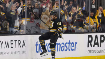 Dec 30, 2023; Boston, Massachusetts, USA; Boston Bruins right wing David Pastrnak (88) celebrates after scoring a goal during a game against the New Jersey Devils