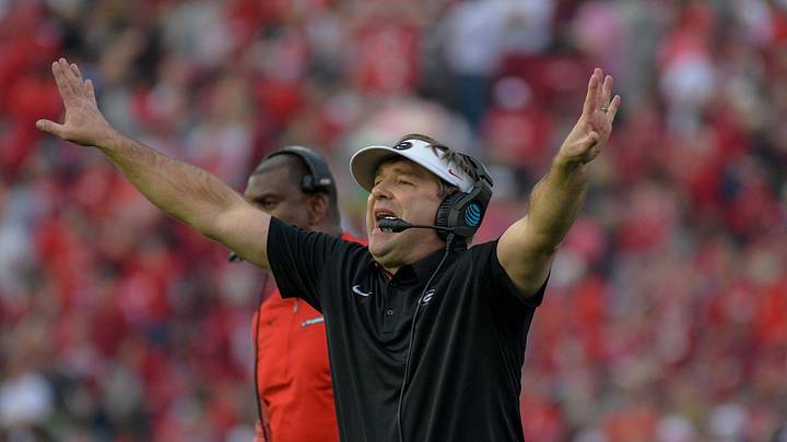 Jan 1, 2018; Pasadena, CA, USA; Georgia Bulldogs head coach Kirby Smart reacts during a game against the Oklahoma Sooners in the 2018 Rose Bowl college football playoff semifinal game at Rose Bowl Stadium. Mandatory Credit: Kirby Lee-Imagn Images