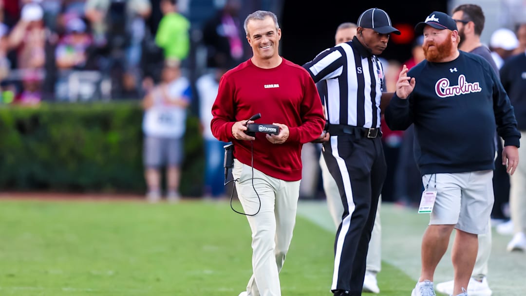 Oct 25, 2025; Columbia, South Carolina, USA; South Carolina Gamecocks head coach Shane Beamer reacts to a play against the Alabama Crimson Tide in the second quarter at Williams-Brice Stadium. Mandatory Credit: Jeff Blake-Imagn Images Oct 25, 2025; Columbia, South Carolina, USA; South Carolina Gamecocks head coach Shane Beamer reacts to a play against the Alabama Crimson Tide in the second quarter at Williams-Brice Stadium. Mandatory Credit: Jeff Blake-Imagn Images