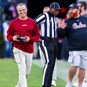 Oct 25, 2025; Columbia, South Carolina, USA; South Carolina Gamecocks head coach Shane Beamer reacts to a play against the Alabama Crimson Tide in the second quarter at Williams-Brice Stadium. Mandatory Credit: Jeff Blake-Imagn Images