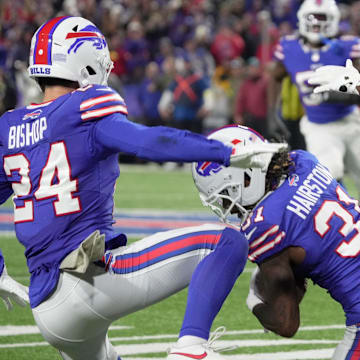 Buffalo Bills cornerback Maxwell Hairston makes an interception catching the ball meant for Kansas City Chiefs wide receiver Xavier Worthy during second half action against the Kansas City Chiefs on Nov. 2, 2025.