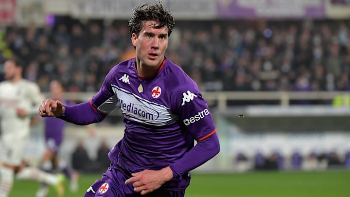 Dusan Vlahovic of ACF Fiorentina celebrates after scoring... Dusan Vlahovic of ACF Fiorentina celebrates after scoring...