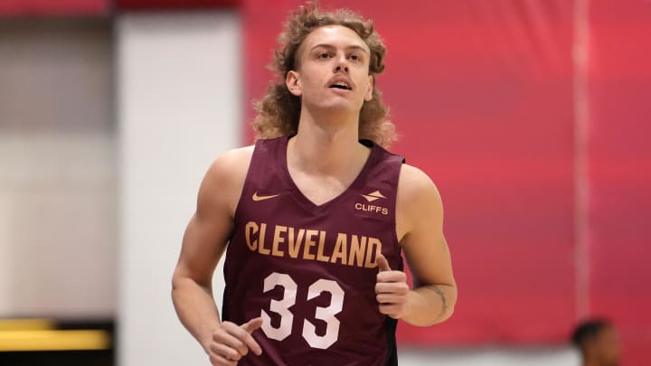 Jul 13, 2022; Las Vegas, NV, USA; Cleveland Cavaliers forward Luke Travers (33) looks on during an NBA Summer League game against the Charlotte Hornets at Cox Pavilion. Mandatory Credit: Stephen R. Sylvanie-USA TODAY Sports