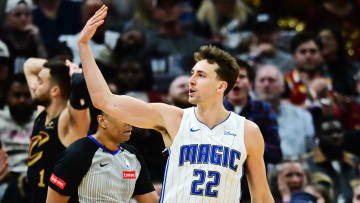 Apr 30, 2024; Cleveland, Ohio, USA; Orlando Magic forward Franz Wagner (22) reacts after a basket during the second half against the Cleveland Cavaliers in game five of the first round for the 2024 NBA playoffs at Rocket Mortgage FieldHouse. Mandatory Credit: Ken Blaze-USA TODAY Sports