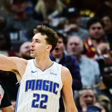 Apr 30, 2024; Cleveland, Ohio, USA; Orlando Magic forward Franz Wagner (22) reacts after a basket during the second half against the Cleveland Cavaliers in game five of the first round for the 2024 NBA playoffs at Rocket Mortgage FieldHouse. Mandatory Credit: Ken Blaze-USA TODAY Sports