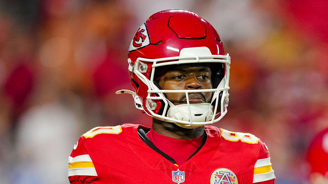 Oct 12, 2025; Kansas City, Missouri, USA; Kansas City Chiefs wide receiver Tyquan Thornton (80) warms up prior to a game against the Detroit Lions at GEHA Field at Arrowhead Stadium. Mandatory Credit: Jay Biggerstaff-Imagn Images