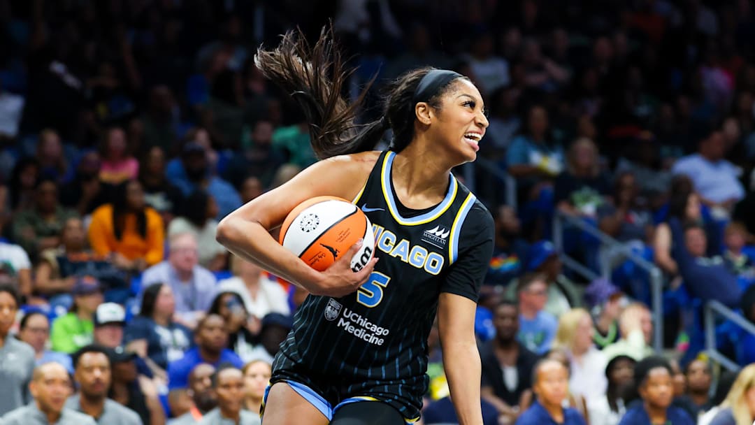 May 15, 2024; Arlington, Texas, USA;  Chicago Sky forward Angel Reese (5) laughs during the second half against the Dallas Wings at College Park Center. Mandatory Credit: Kevin Jairaj-Imagn Images
