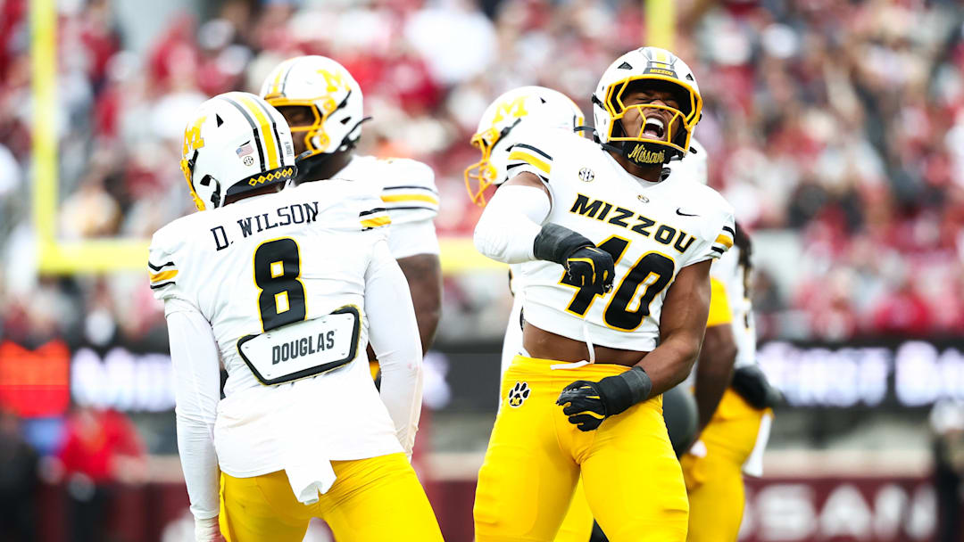 Nov 22, 2025; Norman, Oklahoma, USA;  Missouri Tigers linebacker Josiah Trotter (40) reacts during the first quarter against the Oklahoma Sooners at Gaylord Family-Oklahoma Memorial Stadium. Mandatory Credit: Kevin Jairaj-Imagn Images