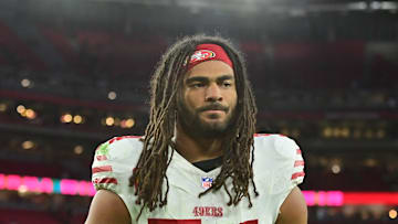 Jan 5, 2025; Glendale, Arizona, USA;  San Francisco 49ers linebacker Fred Warner (54) looks on after losing to the Arizona Cardinals at State Farm Stadium. Mandatory Credit: Matt Kartozian-Imagn Images