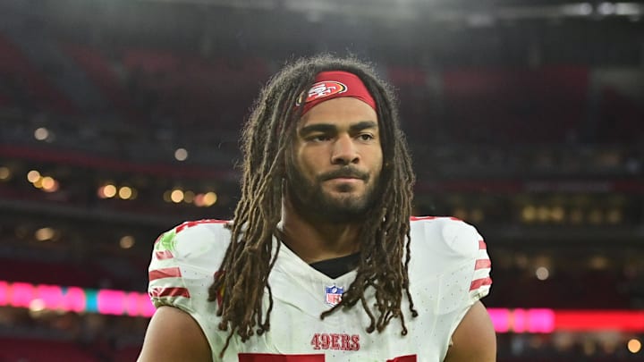 Jan 5, 2025; Glendale, Arizona, USA;  San Francisco 49ers linebacker Fred Warner (54) looks on after losing to the Arizona Cardinals at State Farm Stadium. Mandatory Credit: Matt Kartozian-Imagn Images
