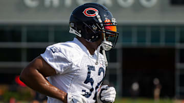 Jul 29, 2021; Lake Forest, IL, USA; Chicago Bears linebacker Khalil Mack (52) runs a lap during a Chicago Bears training camp session at Halas Hall. Mandatory Credit: Jon Durr-Imagn Images