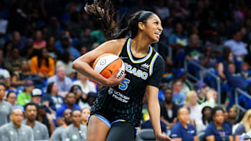 May 15, 2024; Arlington, Texas, USA;  Chicago Sky forward Angel Reese (5) laughs during the second half against the Dallas Wings at College Park Center. Mandatory Credit: Kevin Jairaj-Imagn Images