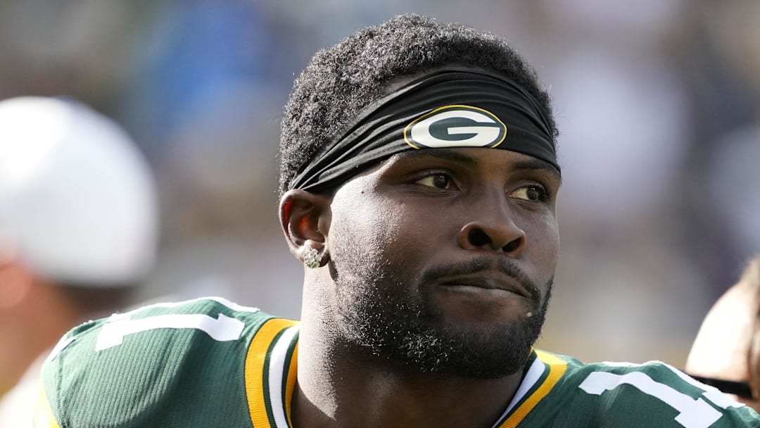 Sep 7, 2025; Green Bay, Wisconsin, USA;  Green Bay Packers wide receiver Jayden Reed (11) during the game against the Detroit Lions at Lambeau Field. Mandatory Credit: Jeff Hanisch-Imagn Images