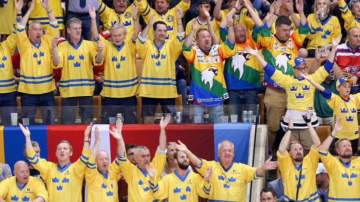 Sep 18, 2016; Toronto, Ontario, Canada; Swedish fans during preliminary round play in the 2016 World Cup of Hockey at Air Canada Centre. Mandatory Credit: Kevin Sousa-Imagn Images