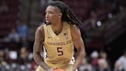 Jan 29, 2025; Tallahassee, Florida, USA; Florida State Seminoles guard DaQuan Davis (5) during the first half against the Virginia Tech Hokies at Donald L. Tucker Center. Mandatory Credit: Melina Myers-Imagn Images
