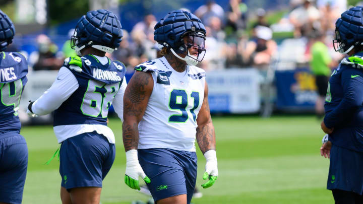 Jul 27, 2024; Renton, WA, USA; Seattle Seahawks defensive tackle Byron Murphy II (91) during training camp at Virginia Mason Athletic Center.