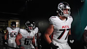 Atlanta Falcons guard Matthew Bergeron, center Drew Dalman, and offensive tackle Storm Norton 
