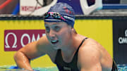 Paige Madden looks down the pool after competing in the 800-meter freestyle final, Saturday, June 22, 2024, during the eighth day of the U.S. Olympic Team Swimming Trials at Lucas Oil Stadium in Indianapolis.