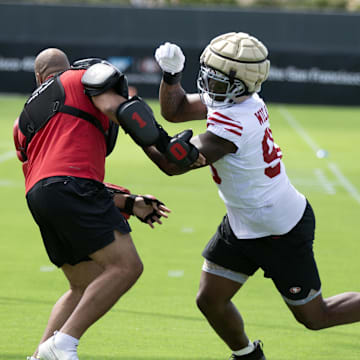 Jul 23, 2025; Santa Clara, CA, USA; San Francisco 49ers defensive end Mykel Williams (98) works on a blocking drill during the first day of training camp at SAP Performance Facility. Mandatory Credit: D. Ross Cameron-Imagn Images
