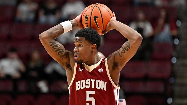 Feb 17, 2026; Tallahassee, Florida, USA; Boston College Eagles guard Fred Payne (5) reacts to a foul call during the first half against the Florida State Seminoles at Donald L. Tucker Center. Mandatory Credit: Melina Myers-Imagn Images