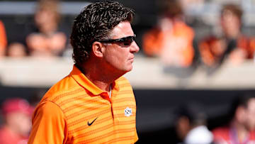 Oklahoma State head coach Mike Gundy is pictured before the college football game between the Oklahoma State Cowboys and the Arkansas Razorbacks at Boone Pickens Stadium in Stillwater, Okla.,, Saturday, Sept., 7, 2024.