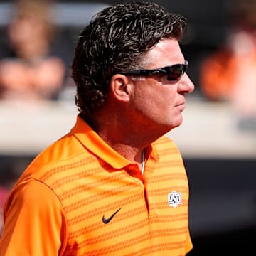 Oklahoma State head coach Mike Gundy is pictured before the college football game between the Oklahoma State Cowboys and the Arkansas Razorbacks at Boone Pickens Stadium in Stillwater, Okla.,, Saturday, Sept., 7, 2024.