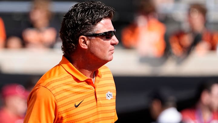 Oklahoma State head coach Mike Gundy is pictured before the college football game between the Oklahoma State Cowboys and the Arkansas Razorbacks at Boone Pickens Stadium in Stillwater, Okla.,, Saturday, Sept., 7, 2024.