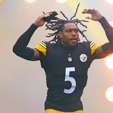 Nov 2, 2025; Pittsburgh, Pennsylvania, USA; Pittsburgh Steelers cornerback Jalen Ramsey (5) enters the field before the game against the Indianapolis Colts at Acrisure Stadium. Mandatory Credit: Charles LeClaire-Imagn Images
