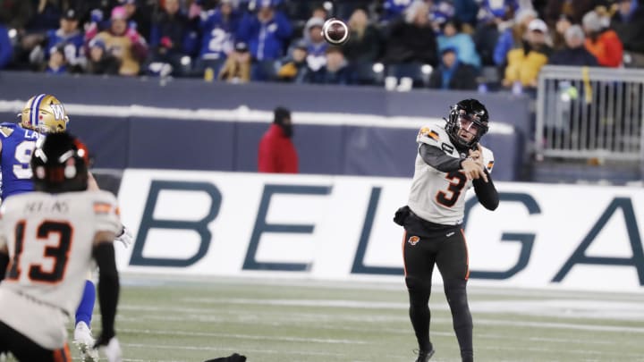 Nov 11, 2023; Winnipeg, Manitoba, CAN;  BC Lions quarterback Vernon Adams Jr. (3) looks downfield to make a pass to wide receiver Alexander Hollins (13) during the second half of the game against the Winnipeg Blue Bombers at IG Field. Winnipeg wins 24-13 to advance to Grey cup. Mandatory Credit: Bruce Fedyck-USA TODAY Sports