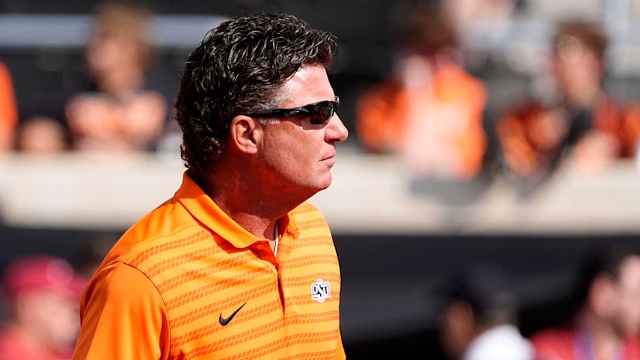 Oklahoma State head coach Mike Gundy before a game between the Oklahoma State Cowboys and the Arkansas Razorbacks.