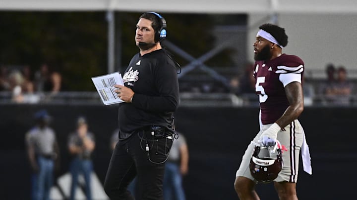 Mississippi State Bulldogs head coach Jeff Lebby walks onto the field during a time out during the second quarter of the game against the Toledo Rockets at Davis Wade Stadium at Scott Field.