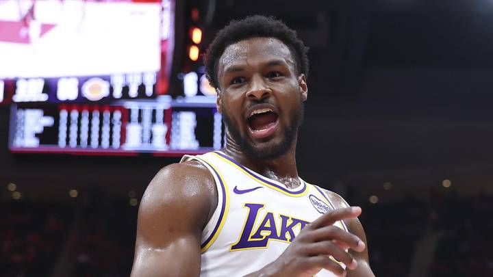 Apr 26, 2026; Houston, Texas, USA; Los Angeles Lakers guard Bronny James (9) reacts after a play during the fourth quarter against the Houston Rockets during game four of the first round of the 2026 NBA Playoffs at Toyota Center. Mandatory Credit: Troy Taormina-Imagn Images