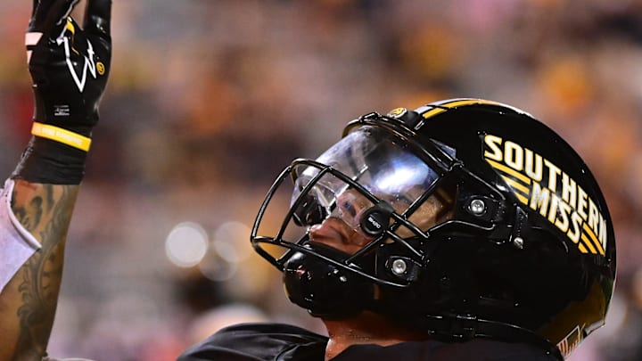 Southern Miss Golden Eagles running back Jeffery Pittman (0) reacts after a touchdown against the Appalachian State Mountaineers during the fourth quarter at M.M. Roberts Stadium in Hattiesburg, Miss., on Sept. 13, 2025.